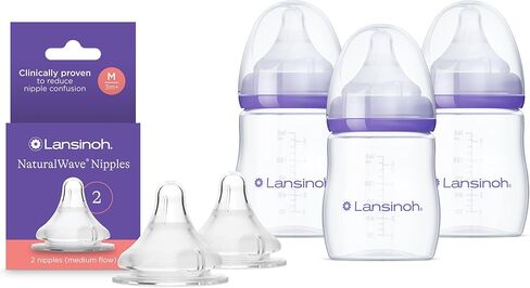 Lansinoh NaturalWave Slow Flow Nipples (2 ct) + 8 oz Anti-Colic Baby Bottles (3 ct) with Medium Flow Nipples, BPA-Free, Soft Silicone Design for Comfortable Feeding in Saudi Arabia