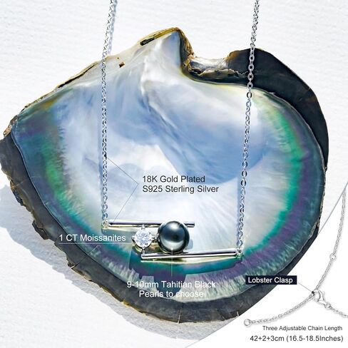 Tahitian Black Pearl Necklace, 9-10mm AAA Handpicked Natural Black Pearl Pendant with D Color Moissanite & 18K White Gold Plated Sterling Silver Chain, Luxury Gifts for Women, Mother, Girlfriend, Anniversary, Birthday, Valentines, Mothers Day in Kuwait