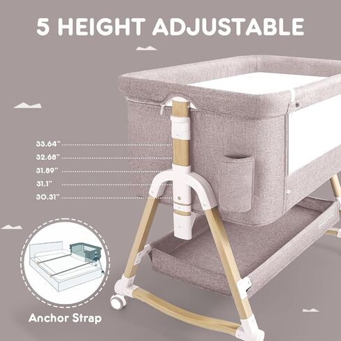HARPPA Cuddly Bassinet, 3 in 1 Baby Bassinet Bedside Sleeper, Bedside Crib with Mattress and Wheels, Breathable Mesh, 5 Height Adjustable, Anchor Strap (Wood Grain, Grey) in Saudi Arabia