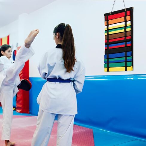 SHUESS 2 PCS Karate Belt Display Rack Holds 12 Belts, Hanging Taekwondo Belt Display Felt Martial Arts Belt Display with Bamboo Frame for Martial Art Learner, Foldable Easy to Carry in Saudi Arabia