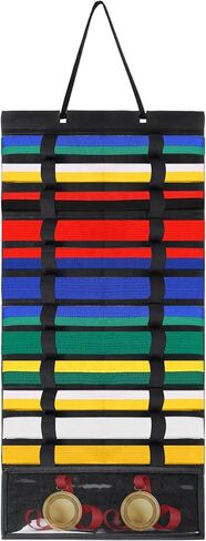 Klmnop 12 Belts Karate Belt Display Rack, Felt Hanging Martial Arts Belts Holder with PVC Medals Pocket, Taekwondo Belt Display for Martial Arts Learners in Saudi Arabia