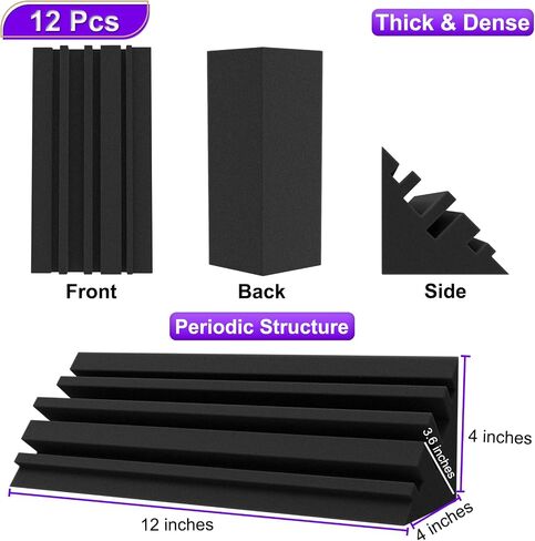 TroyStudio Bass Traps - 12 Pcs 4 X 4 X 12 Inches Dense Thick Studio Bass Foam Corner, Acoustic Treatment Panel Absorbing Echo Reverb, Low Frequency Sound Absorber for Music Room Home Recording Studio in Saudi Arabia