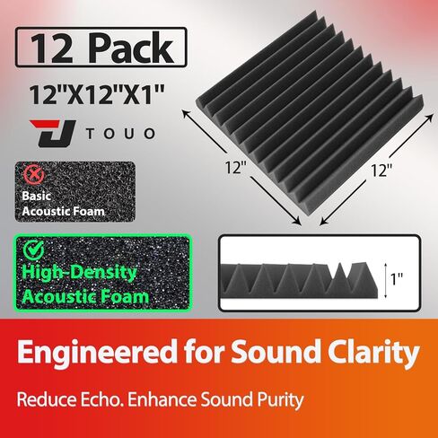 12 Pack Acoustic Panels – Sound Proof Foam Panels for Wall 12"x12"x1", Flame Retardant Wedge Acoustic Foam, High-Density Sound Absorbing Panels for Home Studio(Black, 1" Thick 12 Pack) in Saudi Arabia