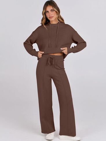 ANRABESS Women 2 Piece Outfits Sweater Sets Loose Long Sleeve Hoodies Knit Pullover Wide Leg Pants 2025 Fall Lounge Sweatsuit in Saudi Arabia