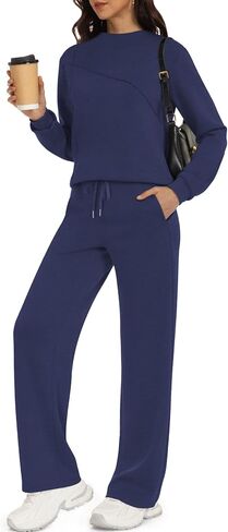 Women's 2 Piece Lounge Set Trendy Boat Neck Sweatshirt Wide Leg Pants Casual Outfits Travel Tracksuit Sets in Saudi Arabia