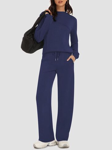 Women's 2 Piece Lounge Set Trendy Boat Neck Sweatshirt Wide Leg Pants Casual Outfits Travel Tracksuit Sets in Saudi Arabia