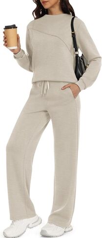 Women's 2 Piece Lounge Set Trendy Boat Neck Sweatshirt Wide Leg Pants Casual Outfits Travel Tracksuit Sets in Saudi Arabia
