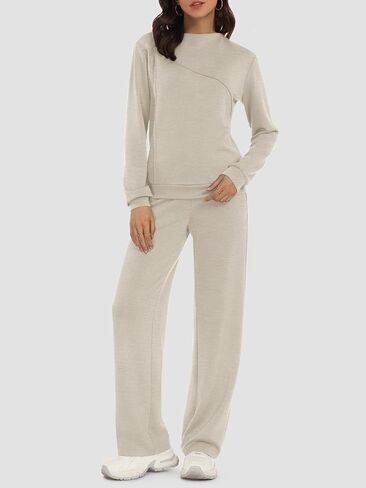 Women's 2 Piece Lounge Set Trendy Boat Neck Sweatshirt Wide Leg Pants Casual Outfits Travel Tracksuit Sets in Saudi Arabia