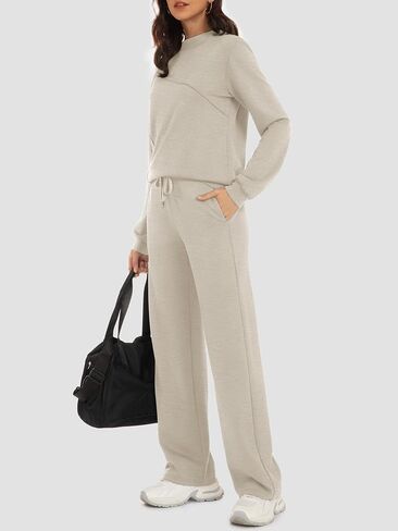 Women's 2 Piece Lounge Set Trendy Boat Neck Sweatshirt Wide Leg Pants Casual Outfits Travel Tracksuit Sets in Saudi Arabia