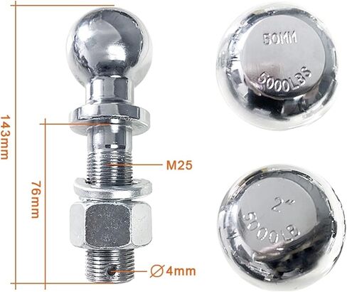Chrome Extended Long Dia Hitch Mount Tow Ball Capacity 5000Lbs Coupling Trailer Parts RV Camper Caravan Accessories(50MM Ball) in Saudi Arabia