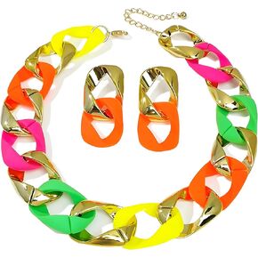 WCRAZYE Boho Chunky Necklace Earrings Set for Women Colourful Acrylic Chunky Statement Necklace Cuban Link Chain Collar Necklace Retro Neon 80s Jewelry in Kuwait