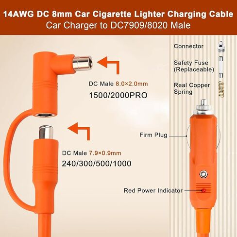14AWG CAR CARITTE CARIVETTER CABITER CABLE 6FT ، 12V/24V DC 8MM CAR CABLE 15A مع قابس DC7909/8020 متوافق مع Jackery ، Bluetti ، Anker ، Grecell ، Tord Zero Yeti Proper Power Station in Kuwait