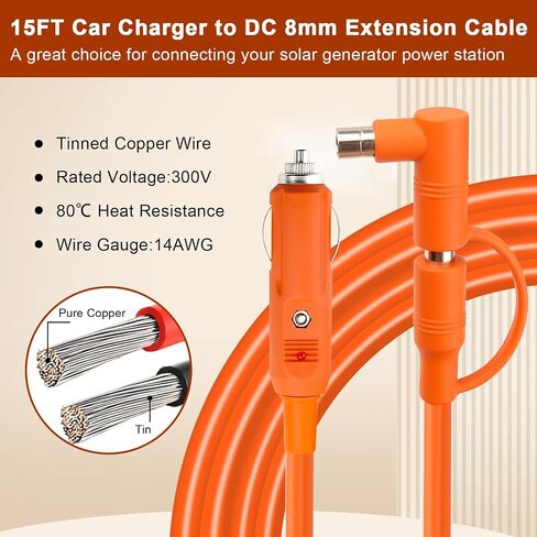14AWG CAR CARITTE CARIVETTER CABITER CABLE 6FT ، 12V/24V DC 8MM CAR CABLE 15A مع قابس DC7909/8020 متوافق مع Jackery ، Bluetti ، Anker ، Grecell ، Tord Zero Yeti Proper Power Station in Kuwait