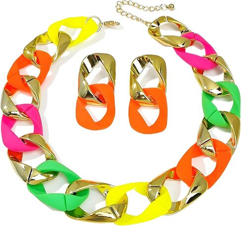 WCRAZYE Boho Chunky Necklace Earrings Set for Women Colourful Acrylic Chunky Statement Necklace Cuban Link Chain Collar Necklace Retro Neon 80s Jewelry in Kuwait
