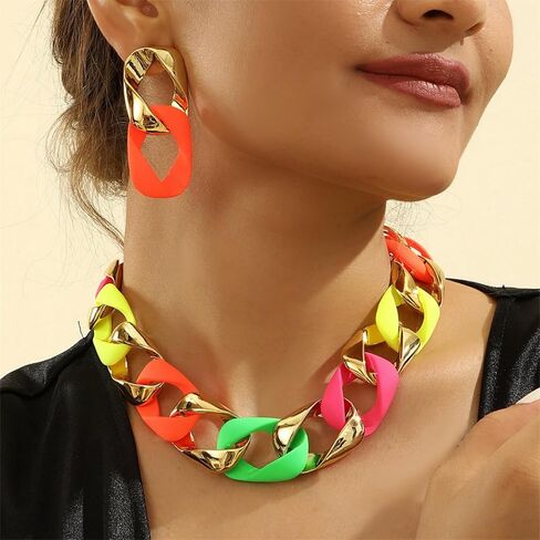 WCRAZYE Boho Chunky Necklace Earrings Set for Women Colourful Acrylic Chunky Statement Necklace Cuban Link Chain Collar Necklace Retro Neon 80s Jewelry in Kuwait