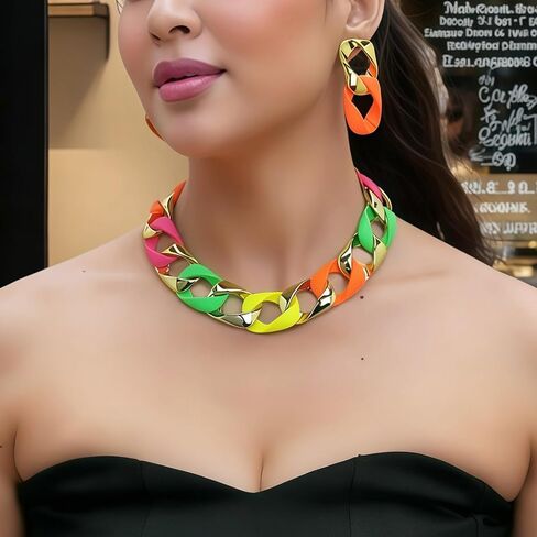 WCRAZYE Boho Chunky Necklace Earrings Set for Women Colourful Acrylic Chunky Statement Necklace Cuban Link Chain Collar Necklace Retro Neon 80s Jewelry in Kuwait