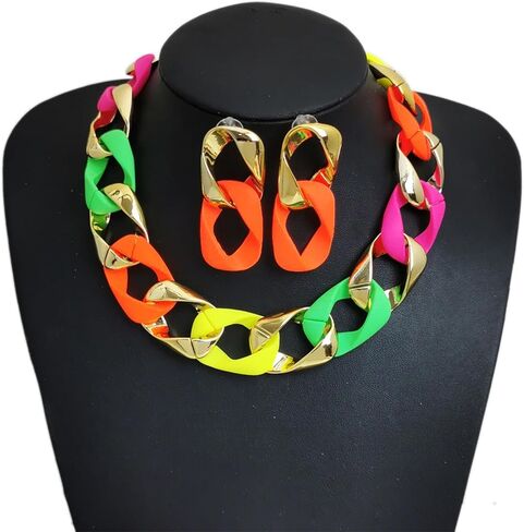 WCRAZYE Boho Chunky Necklace Earrings Set for Women Colourful Acrylic Chunky Statement Necklace Cuban Link Chain Collar Necklace Retro Neon 80s Jewelry in Kuwait