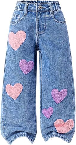 SOLY HUX Toddler Girl's Cute Heart Embroidery Jeans High Elastic Waist Wide Leg Denim Pants in Saudi Arabia