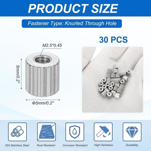 PATIKIL M2.5 Knurled Thumb Nuts, 10pcs 304 Stainless Steel Female Thread Type Flat Head Through Hole Round Hand Tighten Knob Fasteners Screw Cap Adjust Lock Position, D5mm x H5mm in Saudi Arabia