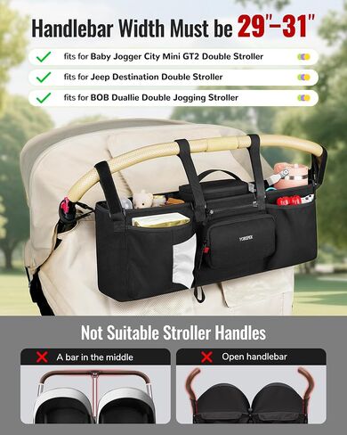 yorepek headpek double stroller منظم لبوب دوالي ، Baby Jogger City Mini GT2 و Jeep ، Caddy Caddy مع حقيبة برودة قابلة للفصل وحقيبة اليد ، مرفق تخزين عربة لإكسسوارات الأطفال in Kuwait
