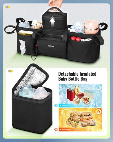 yorepek headpek double stroller منظم لبوب دوالي ، Baby Jogger City Mini GT2 و Jeep ، Caddy Caddy مع حقيبة برودة قابلة للفصل وحقيبة اليد ، مرفق تخزين عربة لإكسسوارات الأطفال in Kuwait