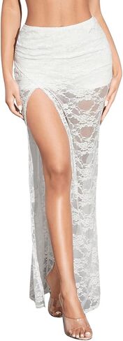 Verdusa Women's Floral Lace Long Skirt with Slit Sheer Low Rise Maxi Rave Flare Skirt in Kuwait