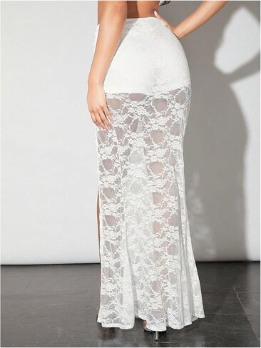 Verdusa Women's Floral Lace Long Skirt with Slit Sheer Low Rise Maxi Rave Flare Skirt in Kuwait
