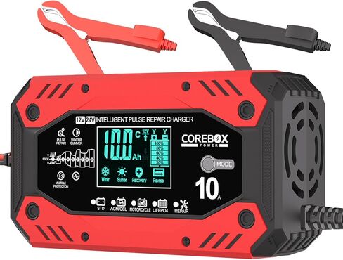 10A Car Battery Charger with LCD Display, 9-Stage Trickle Charger for Car Battery -12V Lead-Acid, AGM, Gel, LiFePO4 Batteries. Quality Guaranteed for Car, Motorcycle, Sedan, SUV, Light Pickup Trucks in Kuwait