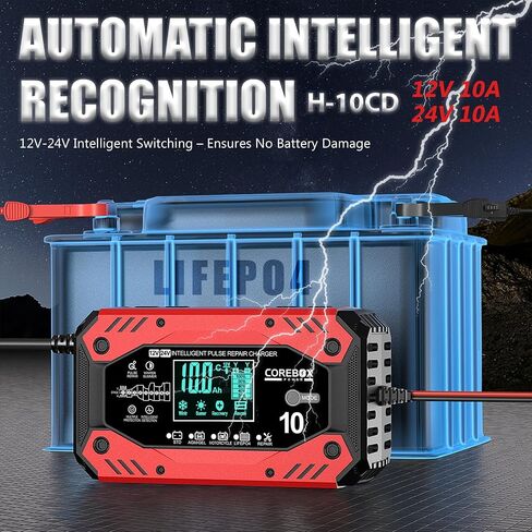 10A Car Battery Charger with LCD Display, 9-Stage Trickle Charger for Car Battery -12V Lead-Acid, AGM, Gel, LiFePO4 Batteries. Quality Guaranteed for Car, Motorcycle, Sedan, SUV, Light Pickup Trucks in Kuwait