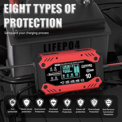 10A Car Battery Charger with LCD Display, 9-Stage Trickle Charger for Car Battery -12V Lead-Acid, AGM, Gel, LiFePO4 Batteries. Quality Guaranteed for Car, Motorcycle, Sedan, SUV, Light Pickup Trucks in Kuwait