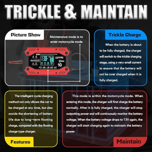 10A Car Battery Charger with LCD Display, 9-Stage Trickle Charger for Car Battery -12V Lead-Acid, AGM, Gel, LiFePO4 Batteries. Quality Guaranteed for Car, Motorcycle, Sedan, SUV, Light Pickup Trucks in Kuwait