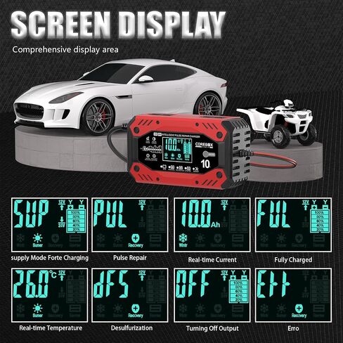 10A Car Battery Charger with LCD Display, 9-Stage Trickle Charger for Car Battery -12V Lead-Acid, AGM, Gel, LiFePO4 Batteries. Quality Guaranteed for Car, Motorcycle, Sedan, SUV, Light Pickup Trucks in Kuwait
