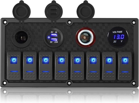 8 Gang Marine Boat Switch لوحة مقاومة للماء ، 12V-24Volt لوحة التبديل Rocker مع شاحن USB مزدوج 3.1A ، LED LED الأزرق ، لوحة الصمامات 15A للقارب ، مناسبة أيضًا لشاحنة Car RV UTV in Kuwait