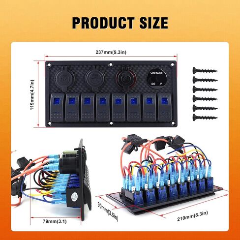 8 Gang Marine Boat Switch لوحة مقاومة للماء ، 12V-24Volt لوحة التبديل Rocker مع شاحن USB مزدوج 3.1A ، LED LED الأزرق ، لوحة الصمامات 15A للقارب ، مناسبة أيضًا لشاحنة Car RV UTV in Kuwait