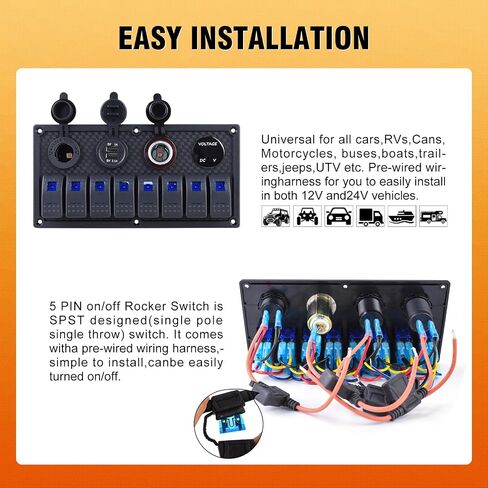 8 Gang Marine Boat Switch لوحة مقاومة للماء ، 12V-24Volt لوحة التبديل Rocker مع شاحن USB مزدوج 3.1A ، LED LED الأزرق ، لوحة الصمامات 15A للقارب ، مناسبة أيضًا لشاحنة Car RV UTV in Kuwait