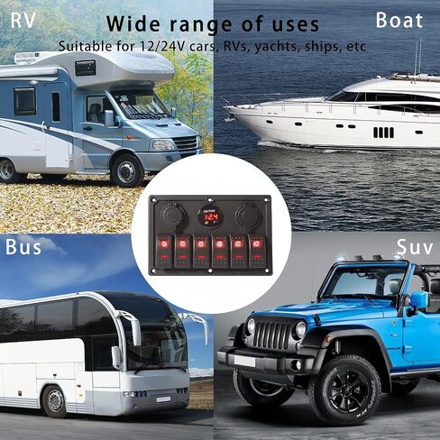 8 Gang Marine Boat Switch لوحة مقاومة للماء ، 12V-24Volt لوحة التبديل Rocker مع شاحن USB مزدوج 3.1A ، LED LED الأزرق ، لوحة الصمامات 15A للقارب ، مناسبة أيضًا لشاحنة Car RV UTV in Kuwait