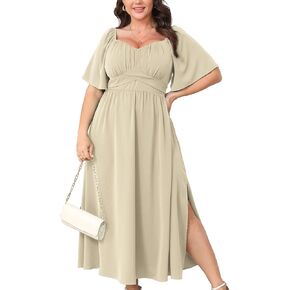 Plus Size Dress Wedding Guest Semi Formal Ruffle Short Sleeve Sweetheart Neckline Slit A Line Flowy Maxi Dresses in Kuwait