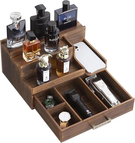 منظم كولونيا للرجال ، 3 طبقات عرض العطور مع درج ومقصورات مخفية ، حامل كولونيا خشبية أنيقة لتخزين خزانة الملابس ، هدية رائعة للرجال/الآباء ، الأسود in Kuwait
