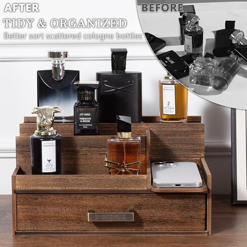 منظم كولونيا للرجال ، 3 طبقات عرض العطور مع درج ومقصورات مخفية ، حامل كولونيا خشبية أنيقة لتخزين خزانة الملابس ، هدية رائعة للرجال/الآباء ، الأسود in Kuwait