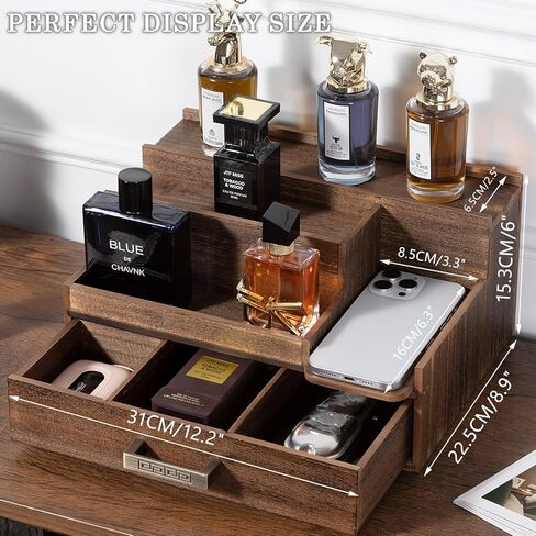 منظم كولونيا للرجال ، 3 طبقات عرض العطور مع درج ومقصورات مخفية ، حامل كولونيا خشبية أنيقة لتخزين خزانة الملابس ، هدية رائعة للرجال/الآباء ، الأسود in Kuwait