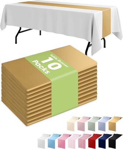 Pureegg Gold Plastic Table Runners - 10 Pack, 14'' x 108'', Water Resistant & Disposable Centerpiece Decorations for Table Cloth, Wedding, Birthday, Holiday, Baby Shower, Party, Home Decor in Kuwait