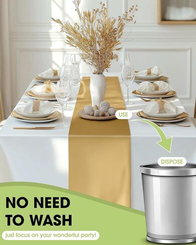 Pureegg Gold Plastic Table Runners - 10 Pack, 14'' x 108'', Water Resistant & Disposable Centerpiece Decorations for Table Cloth, Wedding, Birthday, Holiday, Baby Shower, Party, Home Decor in Kuwait