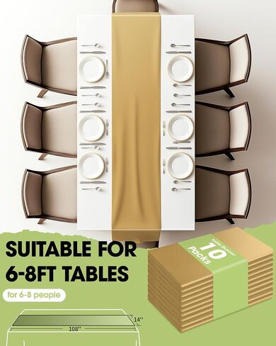 Pureegg Gold Plastic Table Runners - 10 Pack, 14'' x 108'', Water Resistant & Disposable Centerpiece Decorations for Table Cloth, Wedding, Birthday, Holiday, Baby Shower, Party, Home Decor in Kuwait