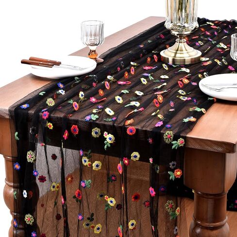 Joanlody Champagne Embroidery Daisy Spring Summer Table Runner 10ft Florals Seasonal Easter Tulle Table Runner Holiday Kitchen Dining Table Decoration for Home Party Indoor in Saudi Arabia