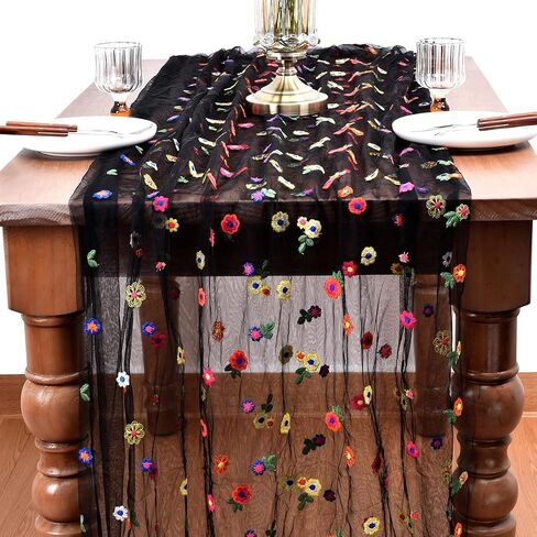 Joanlody Champagne Embroidery Daisy Spring Summer Table Runner 10ft Florals Seasonal Easter Tulle Table Runner Holiday Kitchen Dining Table Decoration for Home Party Indoor in Saudi Arabia