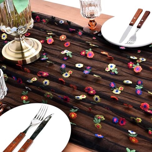 Joanlody Champagne Embroidery Daisy Spring Summer Table Runner 10ft Florals Seasonal Easter Tulle Table Runner Holiday Kitchen Dining Table Decoration for Home Party Indoor in Saudi Arabia