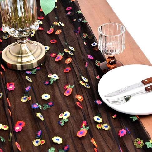 Joanlody Champagne Embroidery Daisy Spring Summer Table Runner 10ft Florals Seasonal Easter Tulle Table Runner Holiday Kitchen Dining Table Decoration for Home Party Indoor in Saudi Arabia