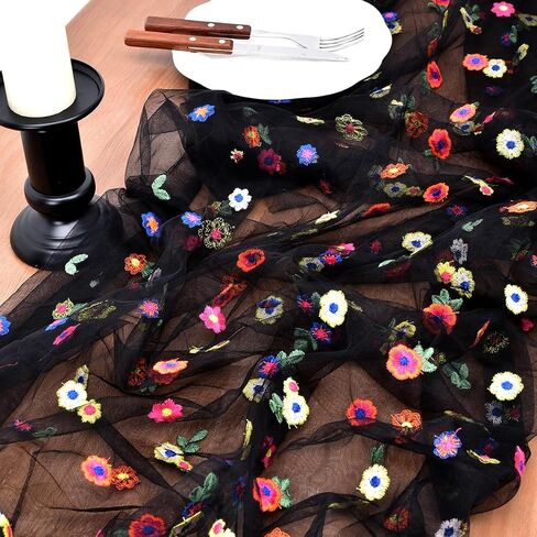 Joanlody Champagne Embroidery Daisy Spring Summer Table Runner 10ft Florals Seasonal Easter Tulle Table Runner Holiday Kitchen Dining Table Decoration for Home Party Indoor in Saudi Arabia
