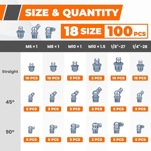 100pcs تجهيزات الشحوم تشكيلة ، 18 أحجام أساسية sae و metric zerk styptings kit - تشمل غير NPT 1/4 "1/8" M6 M8 M10 ، على التوالي 45 درجة 90 درجة لدافع الشحوم in Kuwait