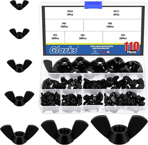 Glarks 110pcs 7 أحجام مجموعة أسود الجناح الجناح مجموعة التشويش ، M3 ، M4 ، M5 ، M6 ، M8 ، M10 ، M12 ، المكسرات الفراشة نايلون عالية القوة ، مراكز الترباس الجناح ، تويست يدوي جوز الأذن جناح الأذن in Saudi Arabia